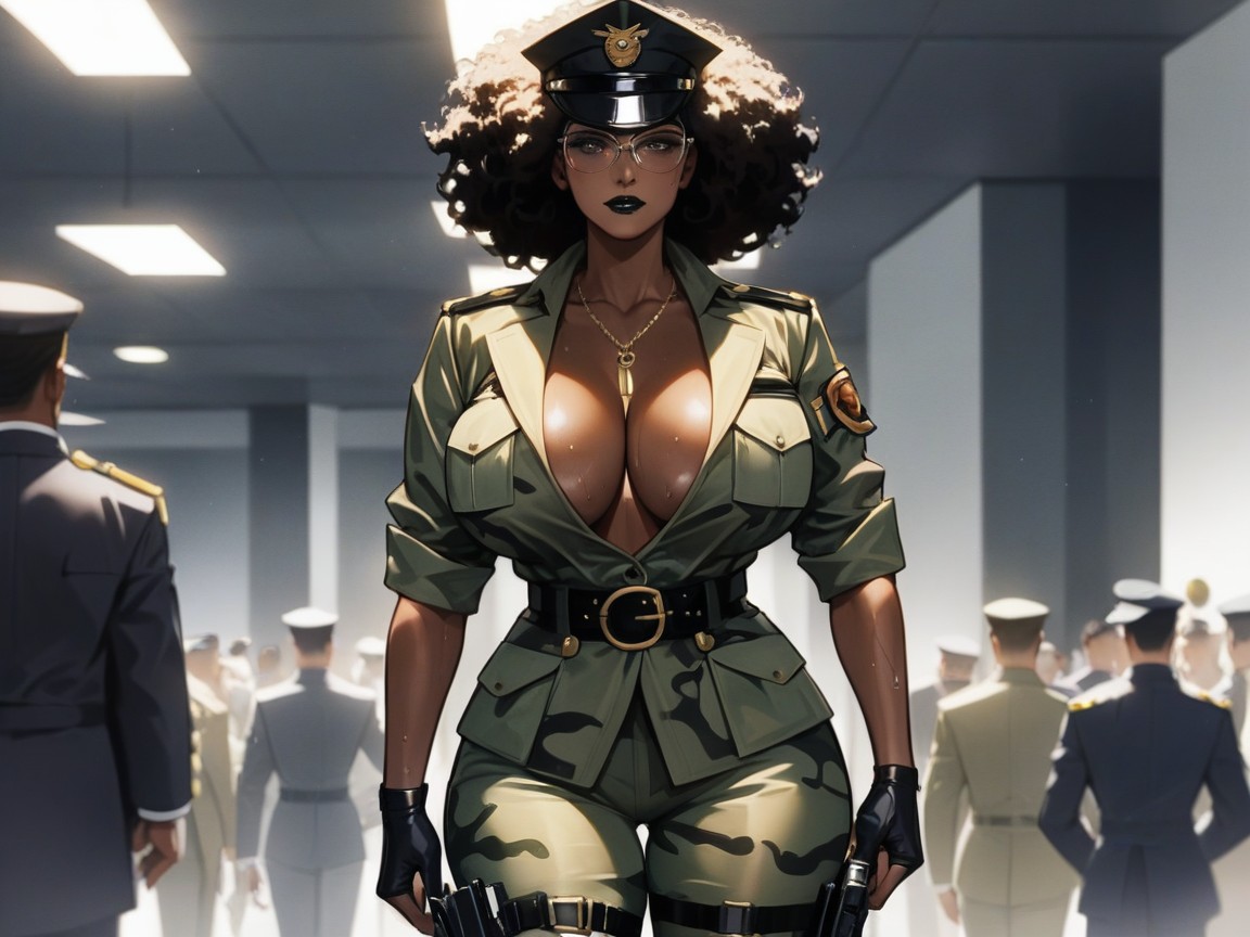 Military Commander, Dark Brown Skin, Vibrant Saturated Colors Hentai IA