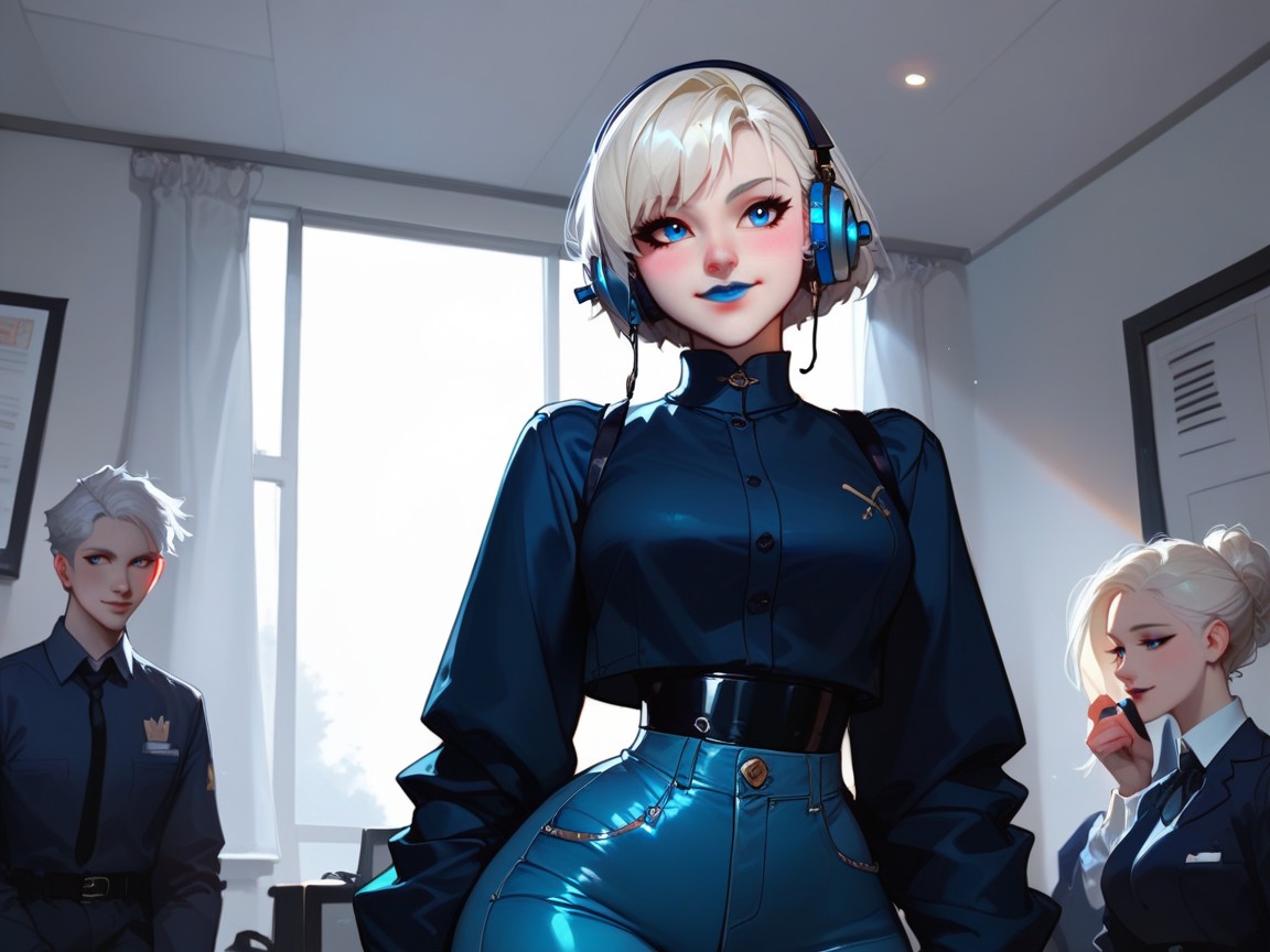 Communications Equipment In Background, Skinny, Wide Round Blue Eyes AI Porn