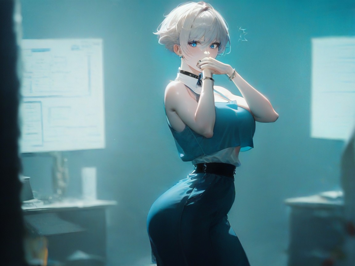 Maigre, Blue Jeans, Woman Adjusting Background Equipment Porno IA Hentai