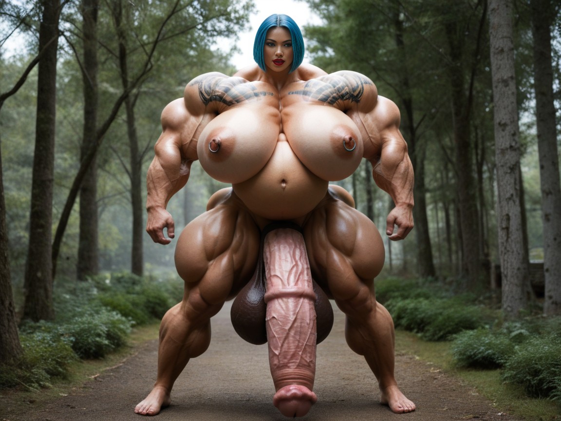 Front View, Tattoo, Extremely Gigantic Massive Hyper Balls Shemale AI Porn