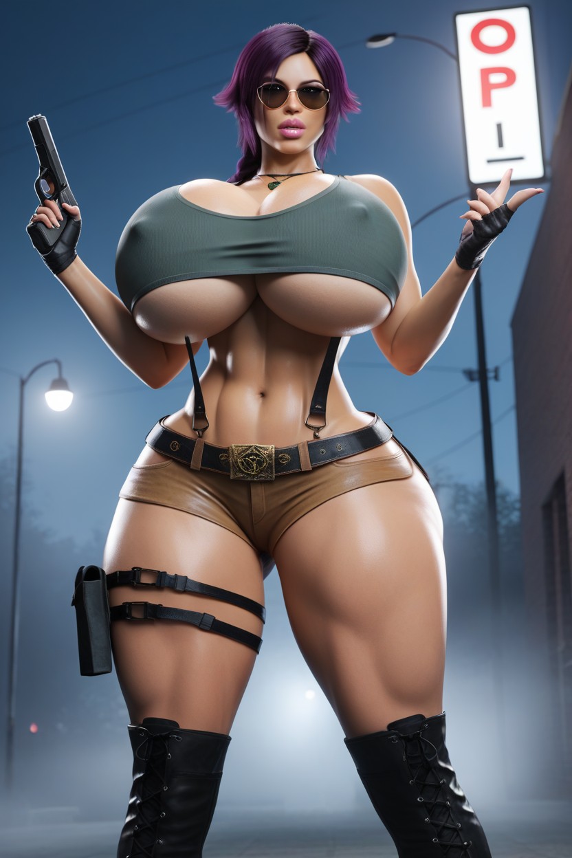 Voluptuous Curves Body, Navel Exposed, Sunglasses AI Porn