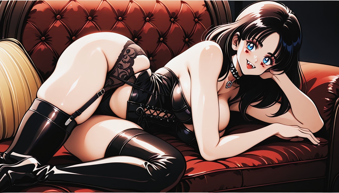 Leather Corset, Wearing Black Leather, Blue Eyes AI Porn
