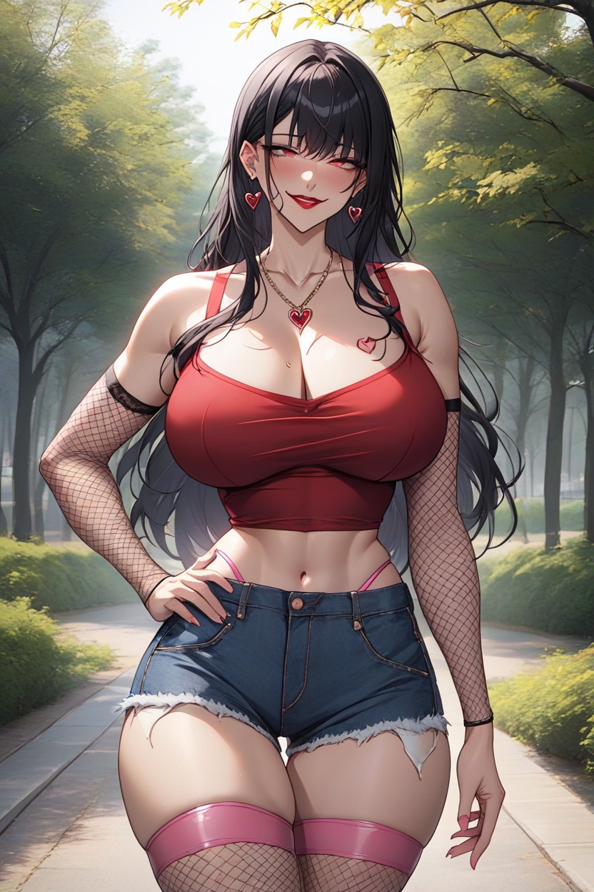 Wide Hips, Voluptuous, Red Fishnet Thigh High Stockings Hentai AI Porn