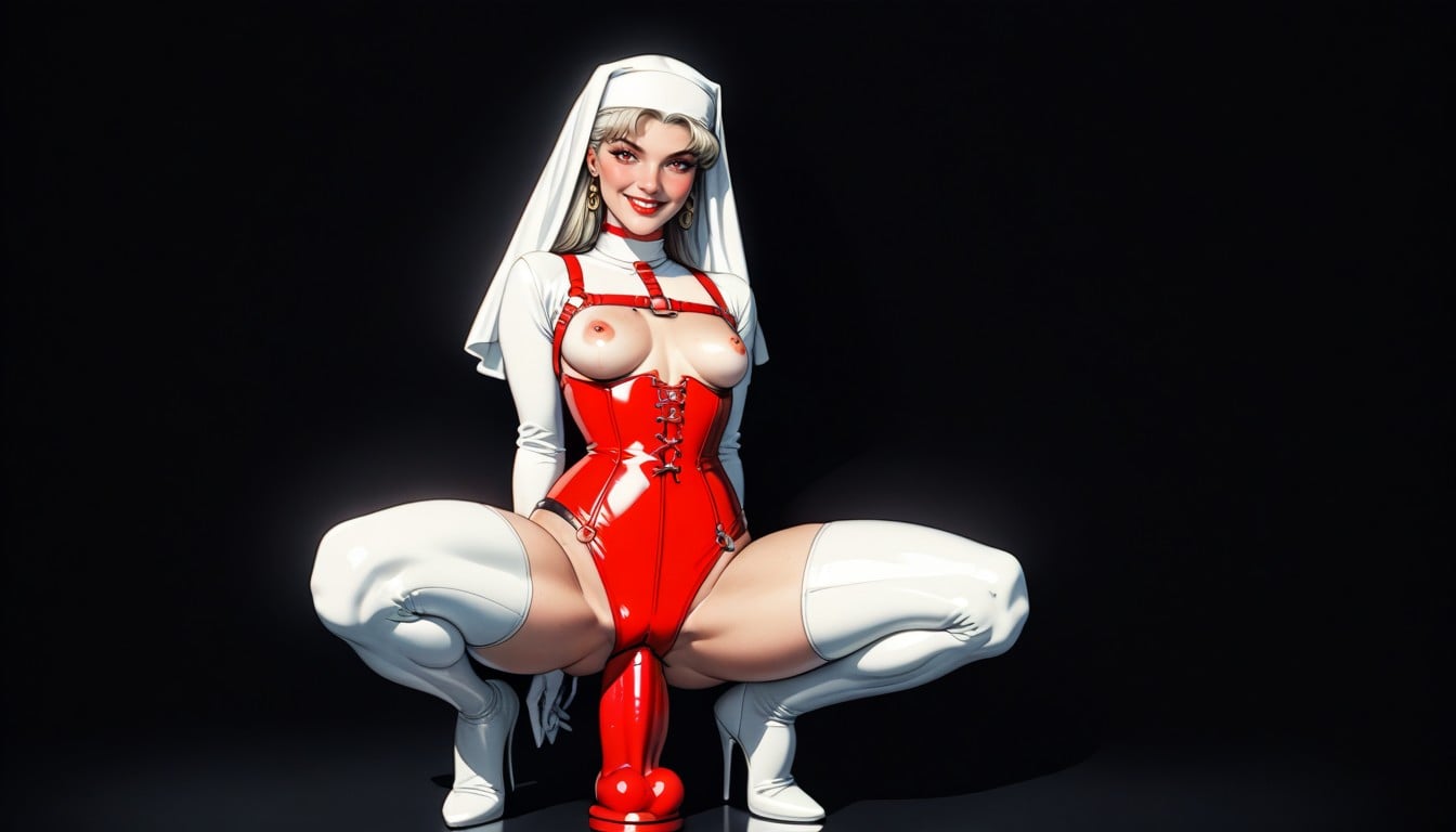 Erect Nipples, Full Body View, Red Strap On Dildo AI Porn