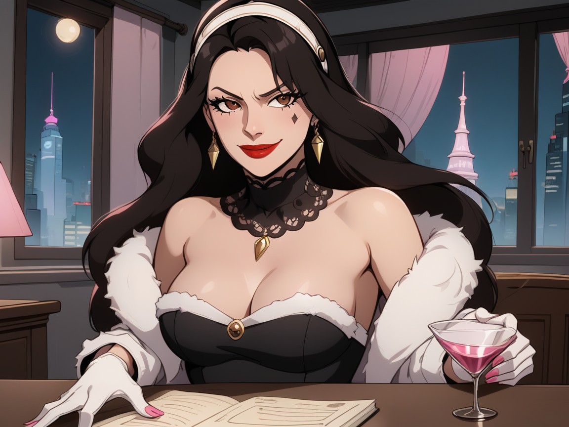 Spy Queen, High Contrast Colors, Neon Pink City Skyline Lights Latina AI Porn