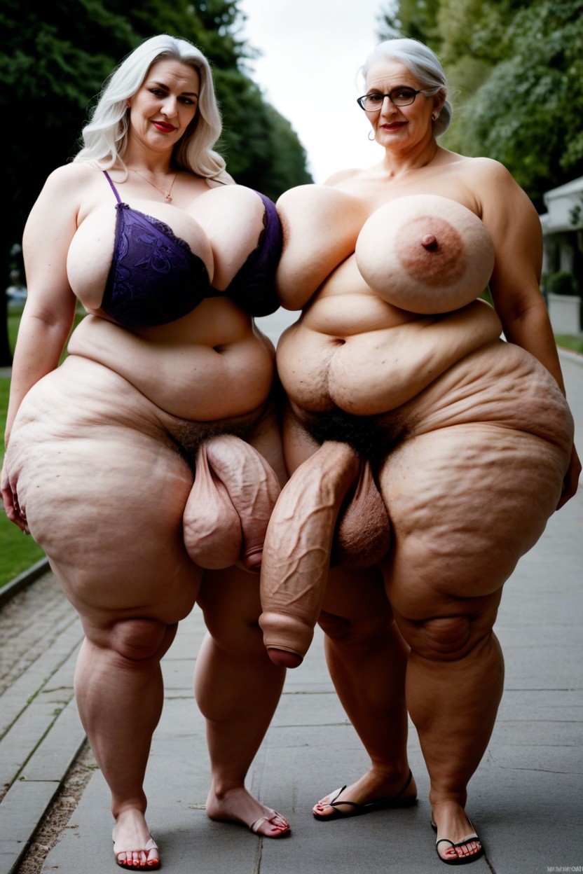 Fat Thighs, Gigantic Saggy Breast, Hyper Hairy Chest Hair Extremely Massive Long Bulge Through Clothing AI Porn