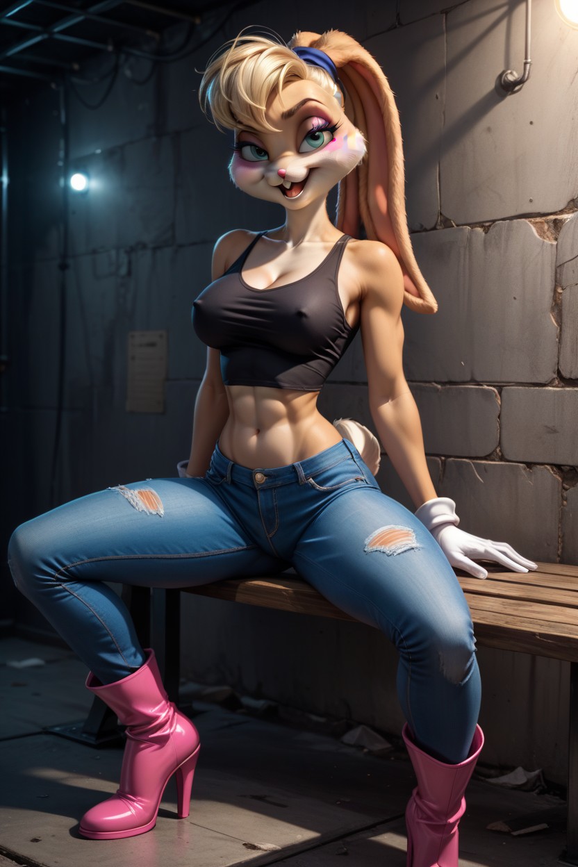 Sitting Down On Bench, Blue Jeans, Dynamic Angle Hentai AI Porn