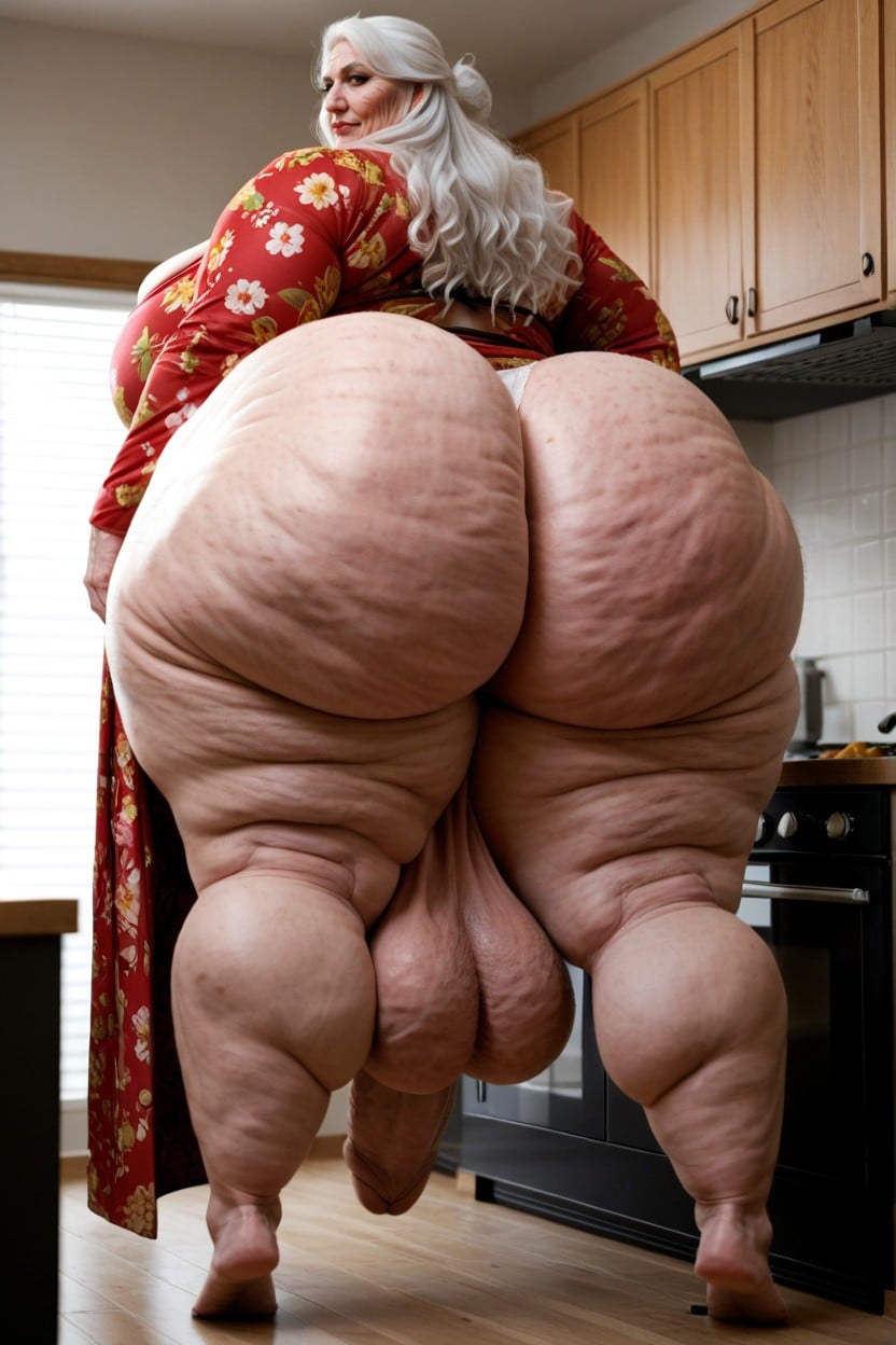Gigantic Ass, Standing In Beautiful Kitchen, Red Floral Robe AI 포르노
