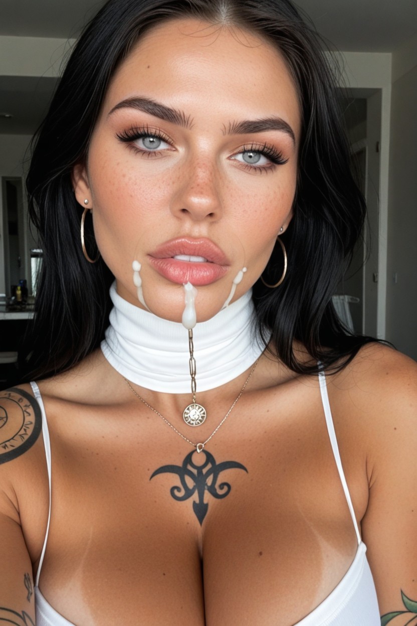 Extreme Rolling Eyes, Extreme Skimpy Tan Lines, Cock Hanging Below Her Chin AI Porn