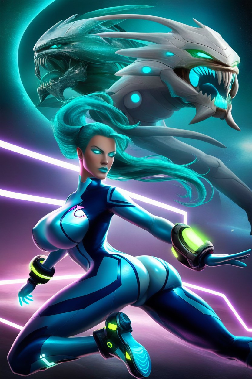 Fighting An Alien Monster, Body In A Dynamic Battle Pose, Tan Skin Porno IA