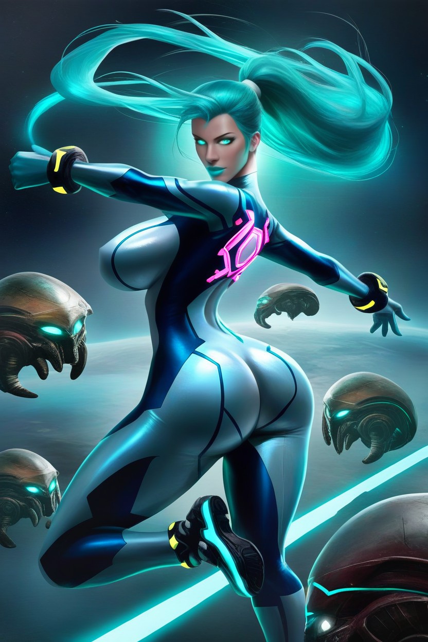 Glowing Neon Aqua Eyes, Glowing Neon Aqua Accents And Piping Cover The Zero Suit, Space Suit AI Porn