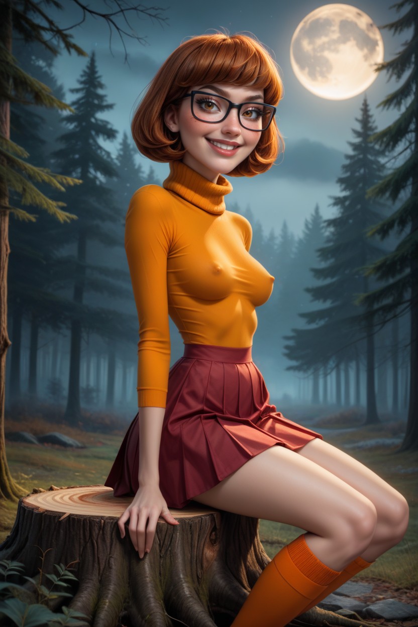 Sideview, Smug Expression, Sitting Down On Huge Tree Stump Hentai AI Porn