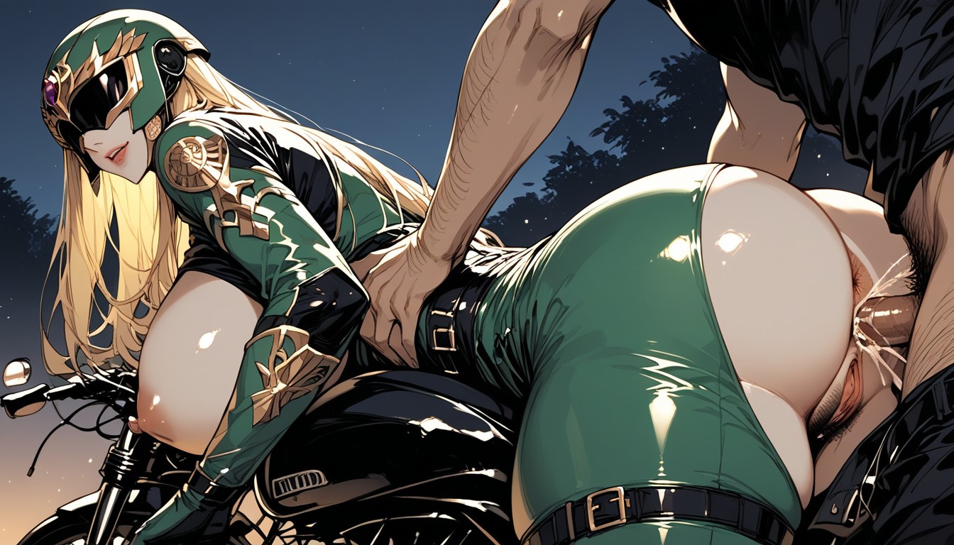 Male Behind Her, Black Thigh High Boot, Fucking On A Motorcycle Hentai AI Porn