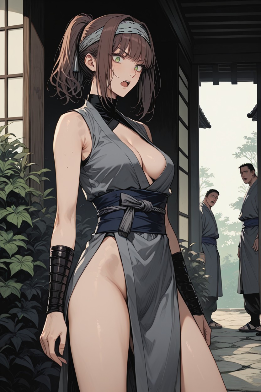 Skinny, Skimpy Sleeveless Low Rise Grey Kimono, Split Hair Bangs Hentai AI Porn