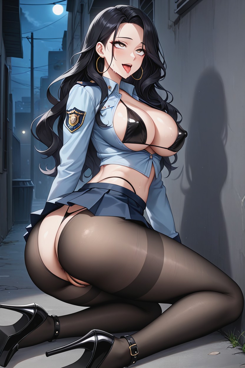 Police Uniform Shirts, Black Pantyhose, Ahegao Hentai AI Porn
