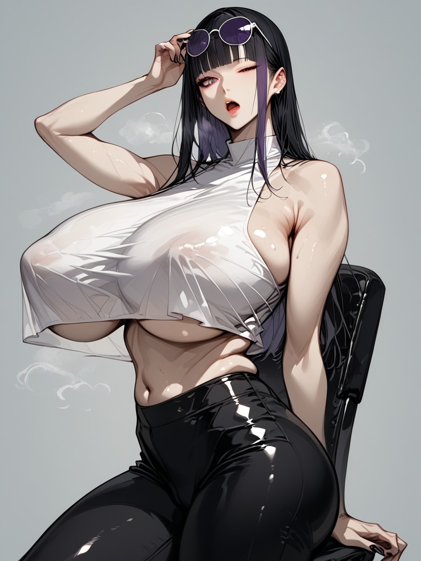 Black Leather Tight Long Pants, Camel Toe, Sitting Down Hentai AI Porn