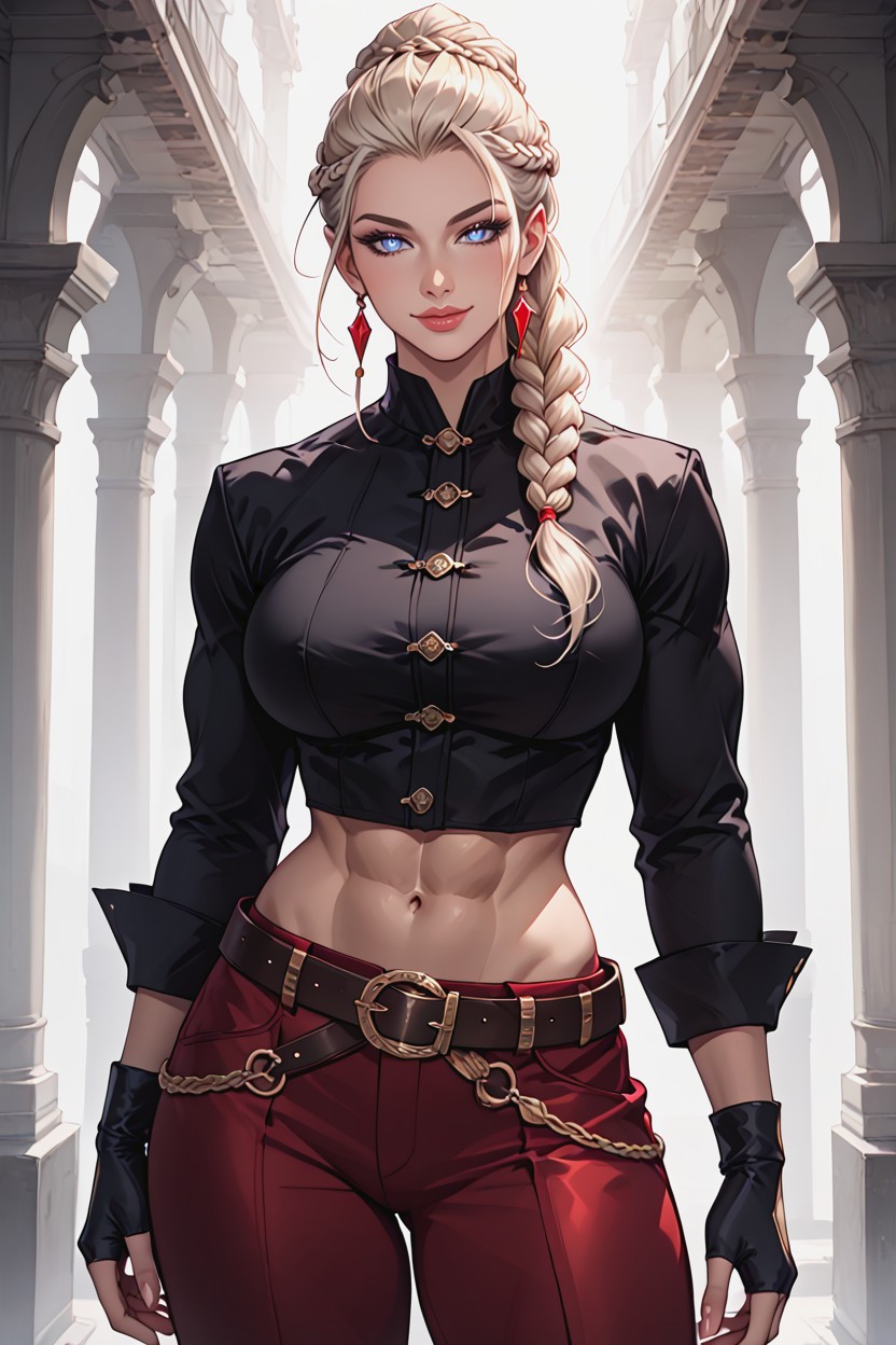 Very Light Blue Eyes Without Pupils, Soft Lighting, Wide Belt With Oval Buckle Hentai AI Porn