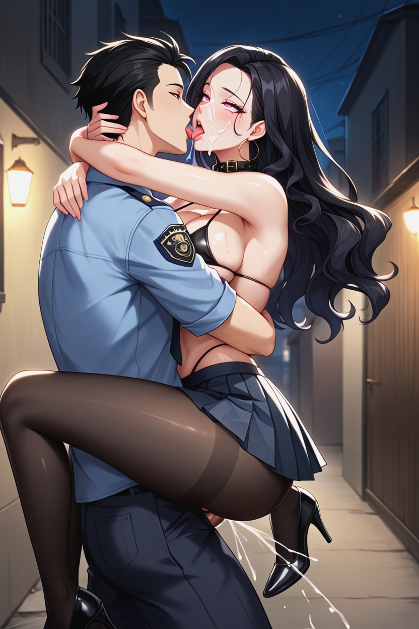 Police Uniform Shirts, Mature Woman, Korean Long Wavy Hair Hentai AI Porn