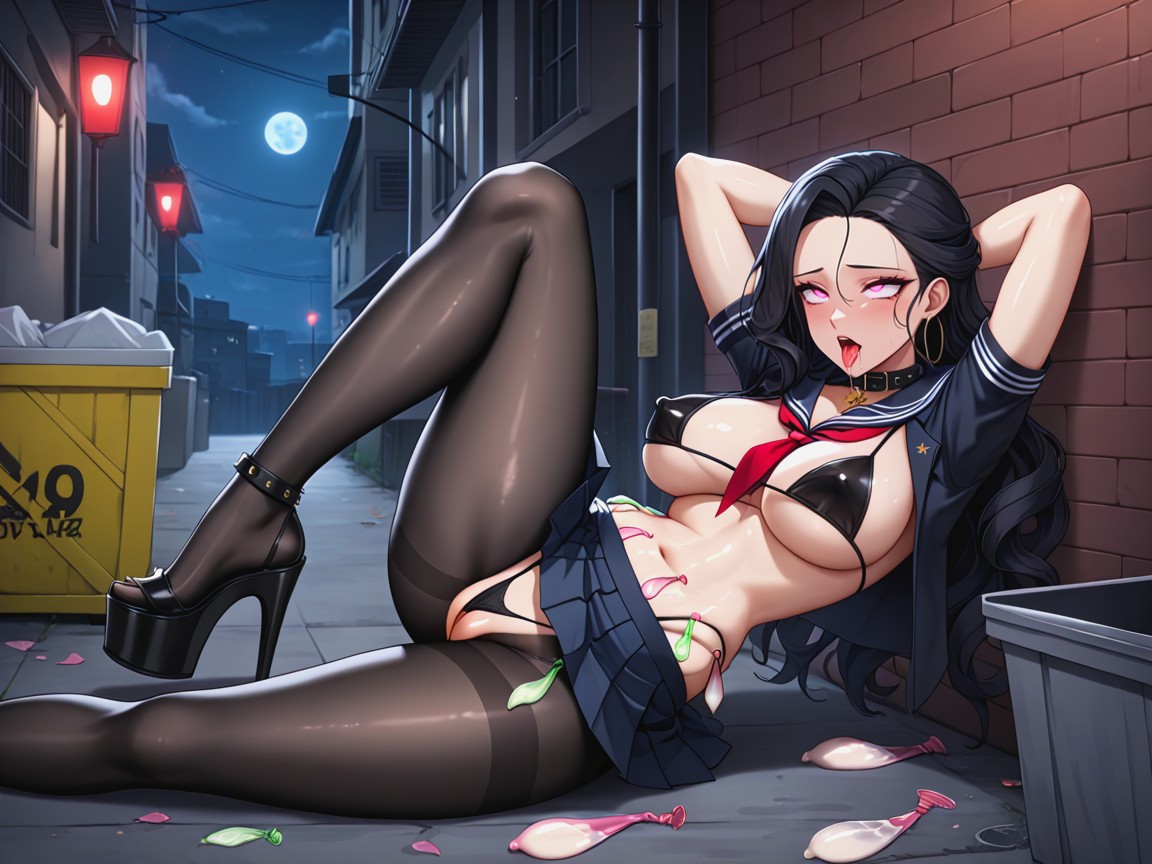 Black Platform Heels With Ankle Strap, Black Hair, Night Hentai AI Porn
