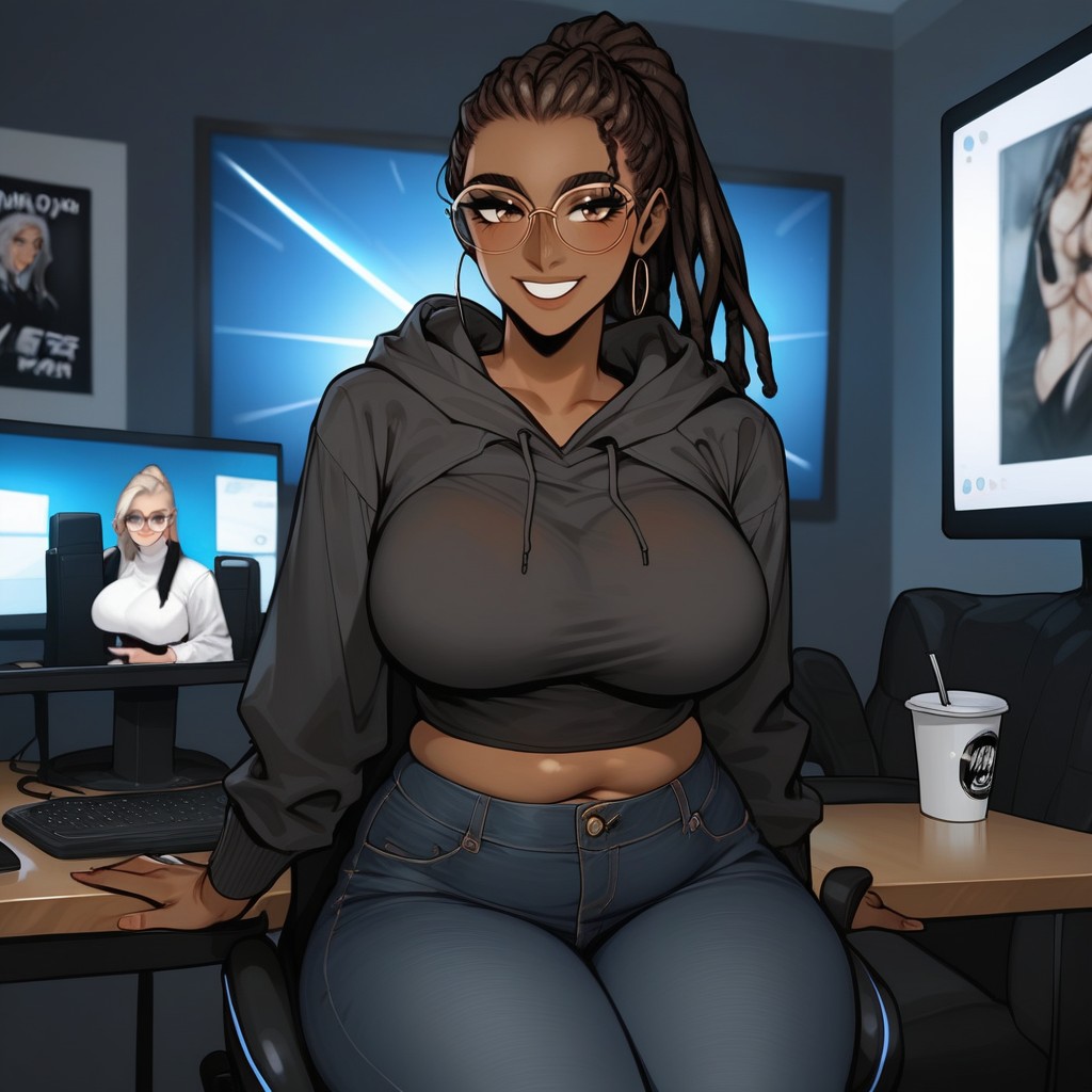 Massive Breast, Sitting On A Gaming Chair, Smiling Mouth Open Hentai AI Porn