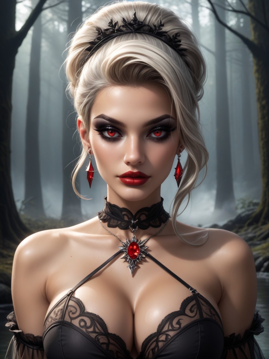 Creating Depth And Mystery The Lighting Is Moody, Full Body A Hyper Realistic Deep In A Haunted Forest, Seductive AI Porn