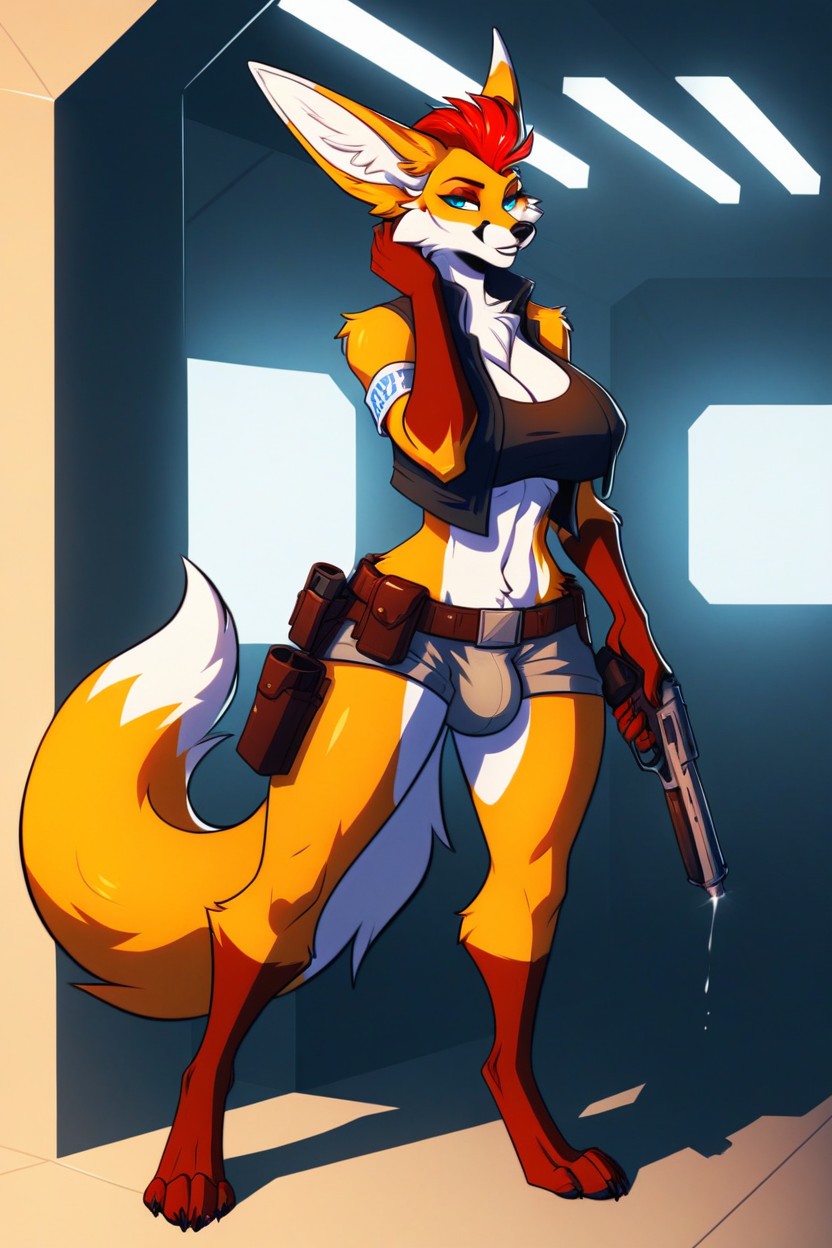 Spaceship Interior Or Neutral Sci Fi Room, Dd Cup Breasts Barely Contained In White Tight Bandage Top, Penny The Fennec Fox Furry AI Porn
