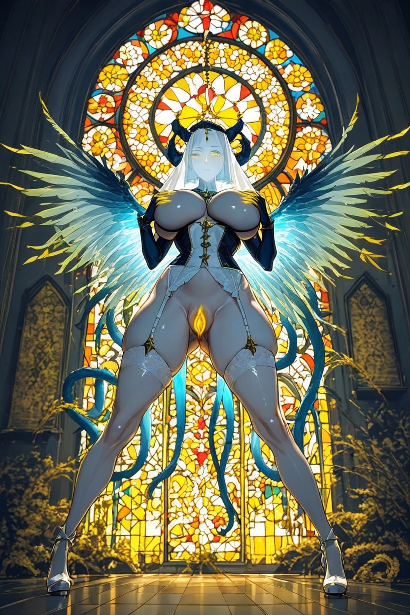 One Tentacle Ridged Inside Pussy, Halo Above Head, Leotard Hentai AI Porn