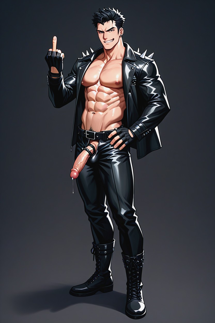 Black Leather Jacket, Flipping Off Viewer, Erect Penis AI Gay Porn