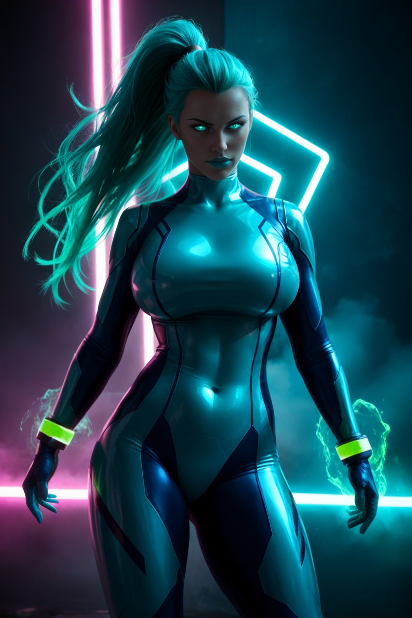 Arms Spread Out With Neon Aqua Energy Blasts Emanating From Hands, Hyper Detailed Face, Bubble Butt AI 포르노
