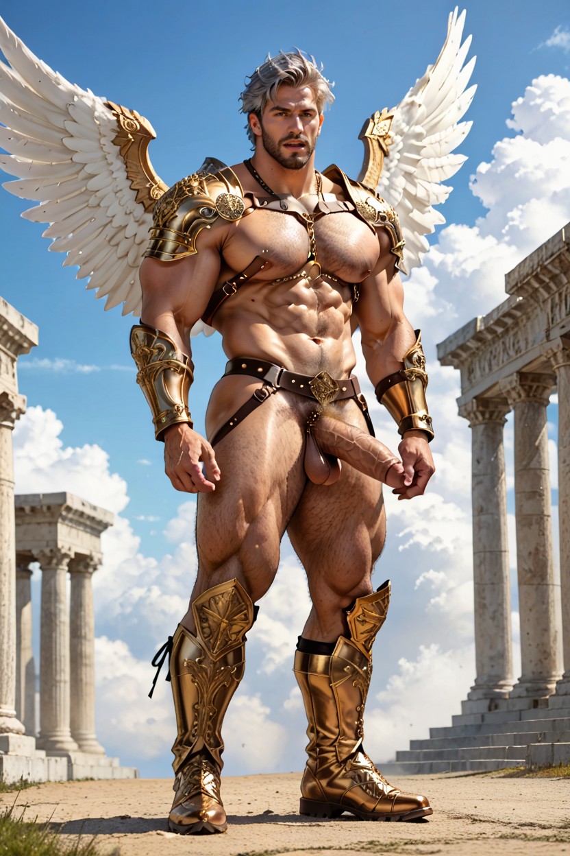 Naked Bottom, Hairy Body, Golden Warrior Gloves AI Gay Porn