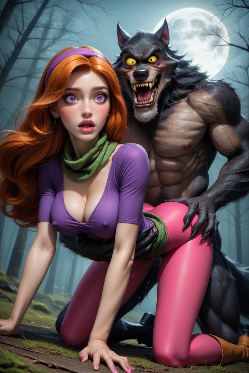 Huge Veiny Knotted Cock, Detailed Eyes, Werewolf Is Grabbing Daphne Blakes Waist Hentai AI Porn