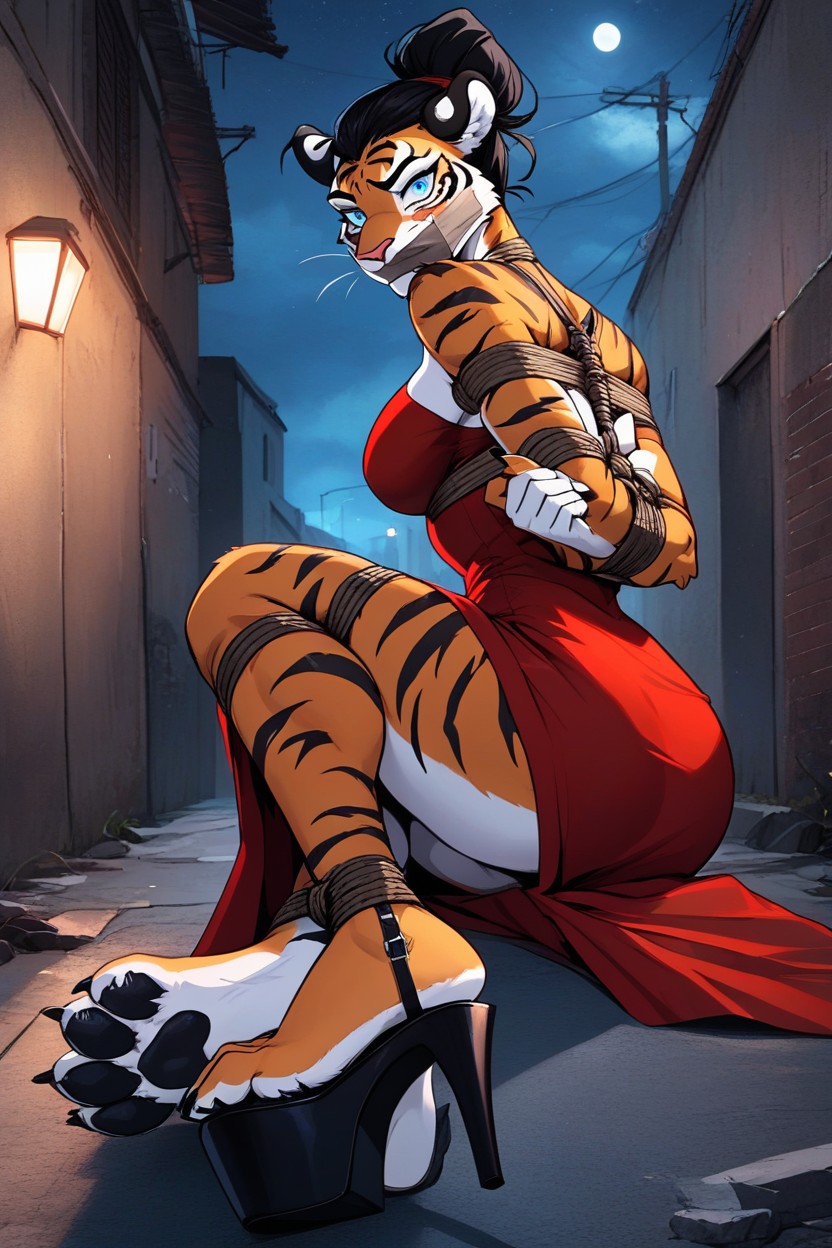 Night, Ankle Strap, Wearing Red Platform High Heels Furry AI Porn