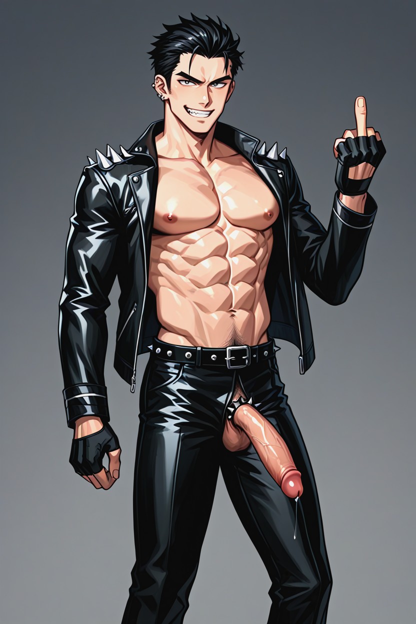 Erect Penis, Wearing Black Spiked Cock Ring With Silver Spikes, Flipping Off Viewer AI Gay Porn