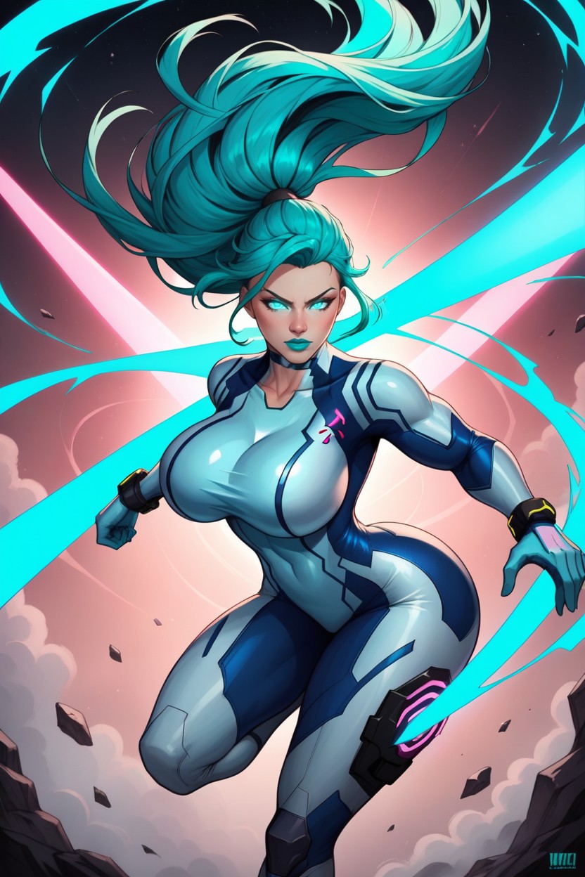 Outer Space, Musculosa, Long Glowing Neon Aqua Hair Pulled Back Into One Ponytail Porno IA