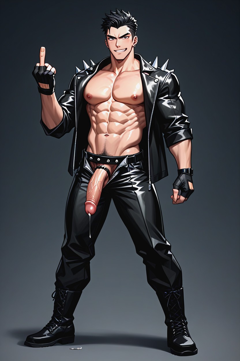 Showing Penis Through Pants, Black Belt With Silver Buckle, Black Hair Color AI Gay Porn