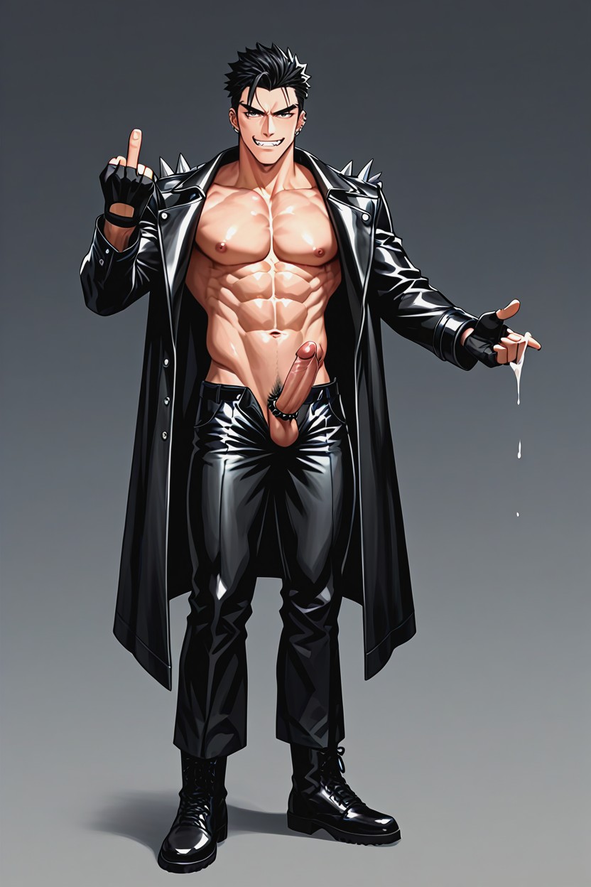 Black Belt With Silver Buckle, Light Skin Penis, Black Leather Jacket AI Gay Porn