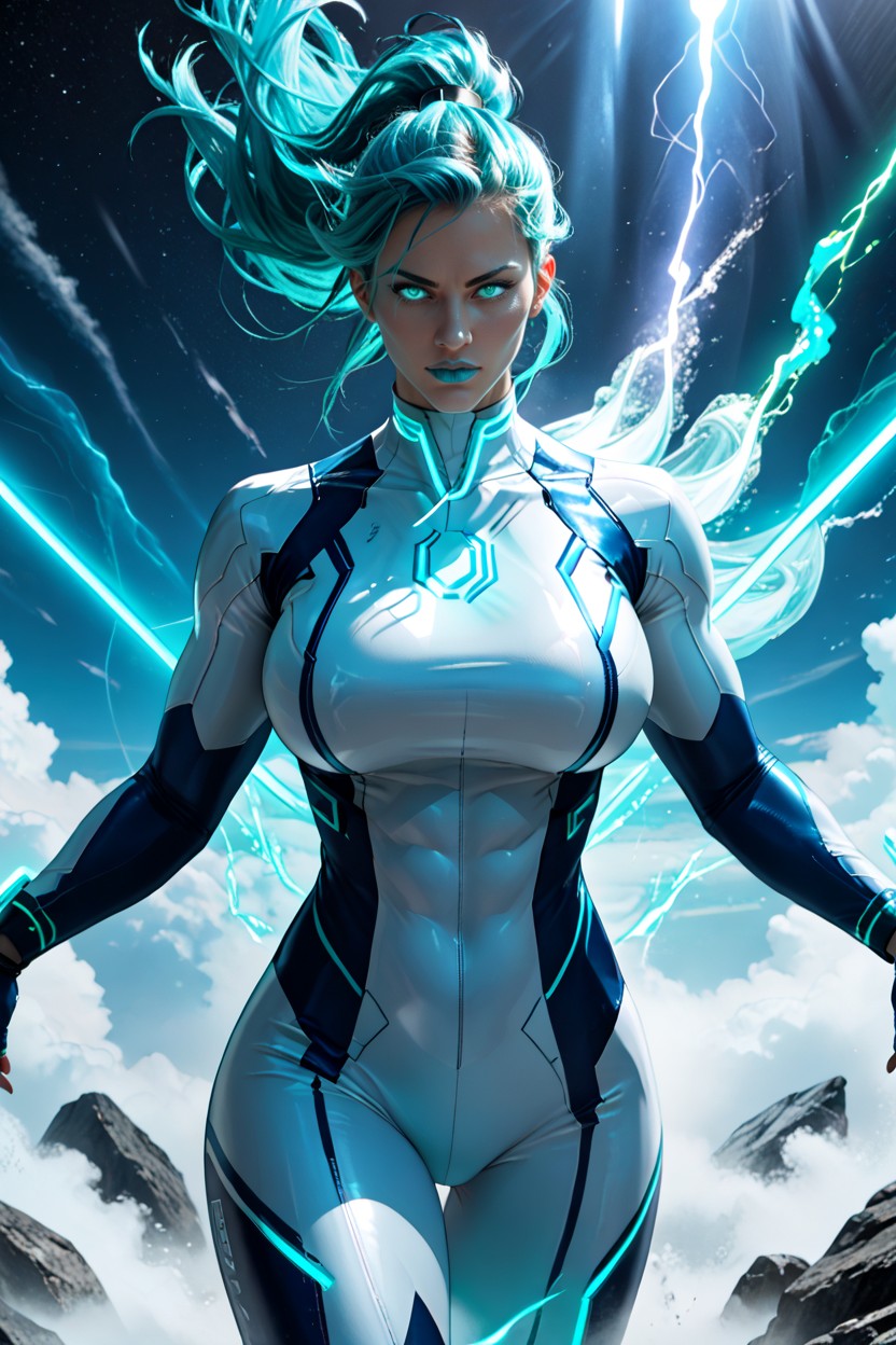 Neon Aqua Hair, Tall And Muscular And Voluptuous Woman, White Zero Suit Armor With Black Trim Pieces Porno IA