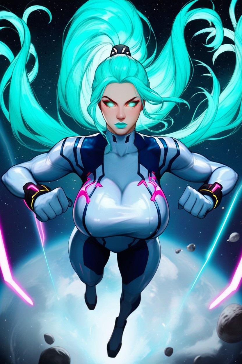 Floating In The Air With Neon Aqua Energy Swirling Around Body, Outer Space, Hyper Detailed Face Porno IA