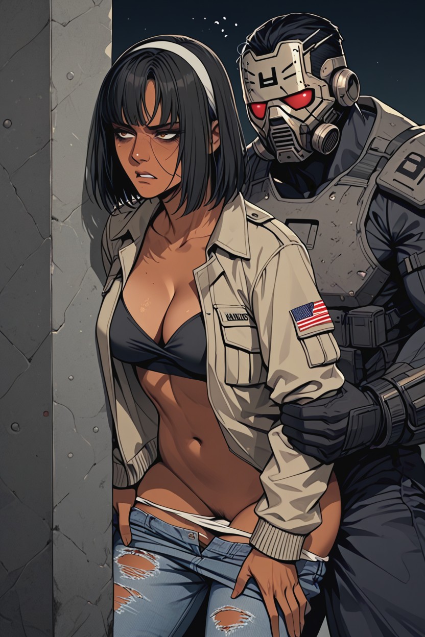Tan Skin, Hair Band, Black Metrocop Uniforms Hentai AI Porn