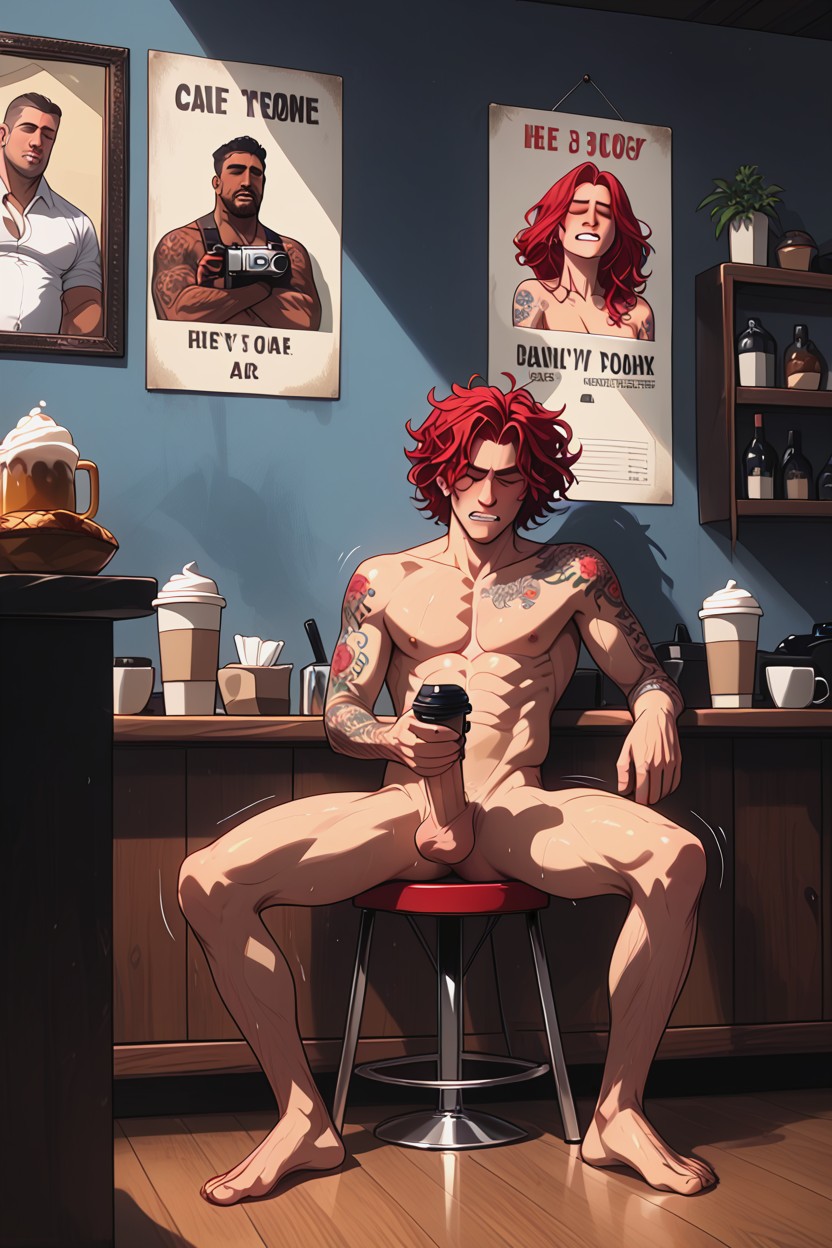 Cafe, Sweaty, Full Body AI Gay Porn