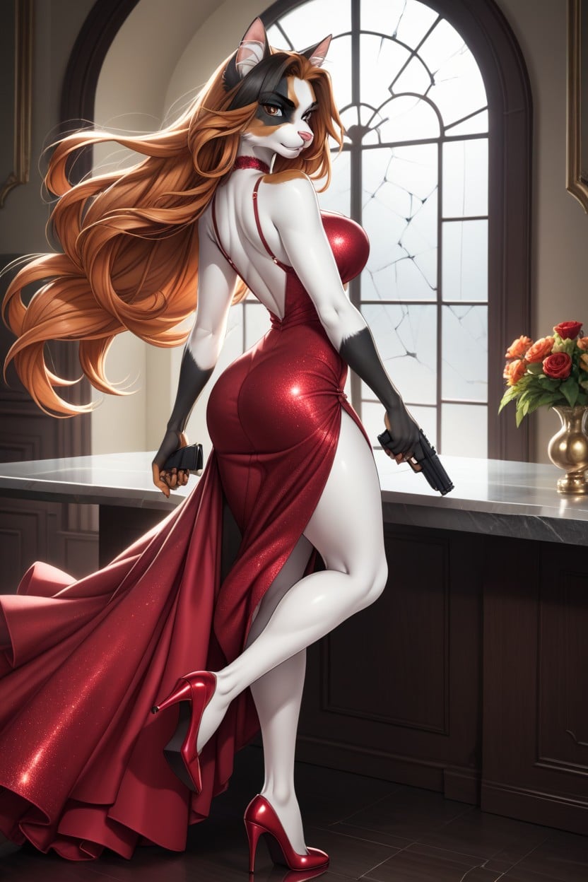 Dynamic Jumping And Shooting Pose, Big Boobs, Shattered Glass Action Scene ファーリーAIポルノ