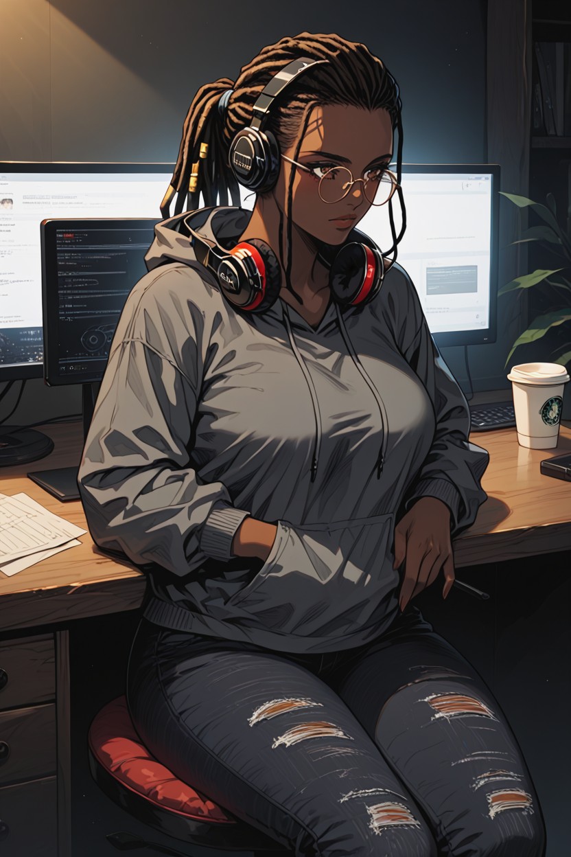 Oversized Gray Hoodie, Dreadlocks Tied In High Ponytail, Tangled Cables Under Desk Hentai AI Porn