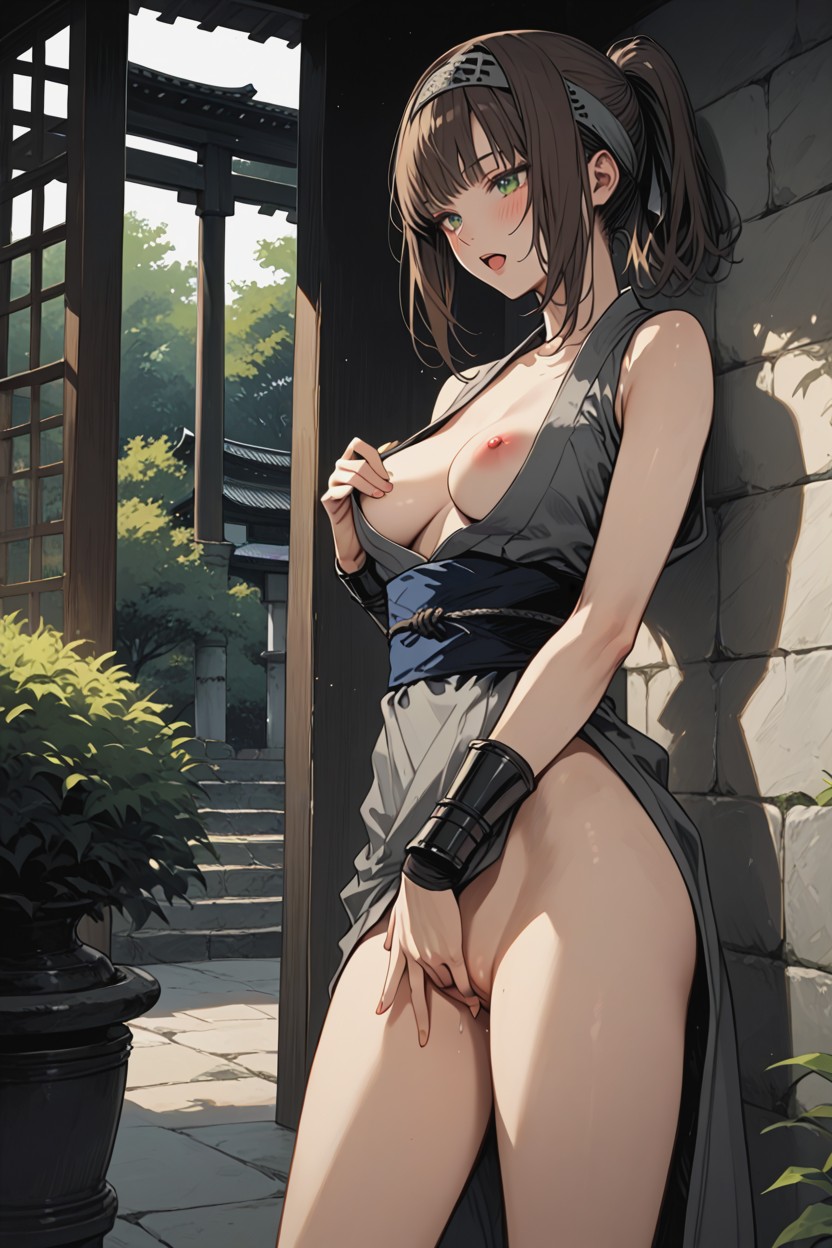Black Cloth Wrist Gauntlet, Trimmed Green Bushes, Exposed Hentai AI Porn
