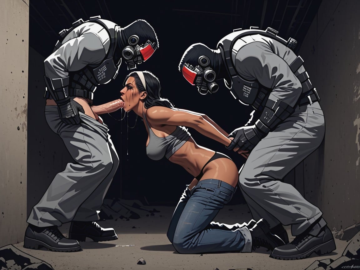 Surrounded By, Sex, Giant Men Wearing Full Head Gas Masks Hentai AI Porn