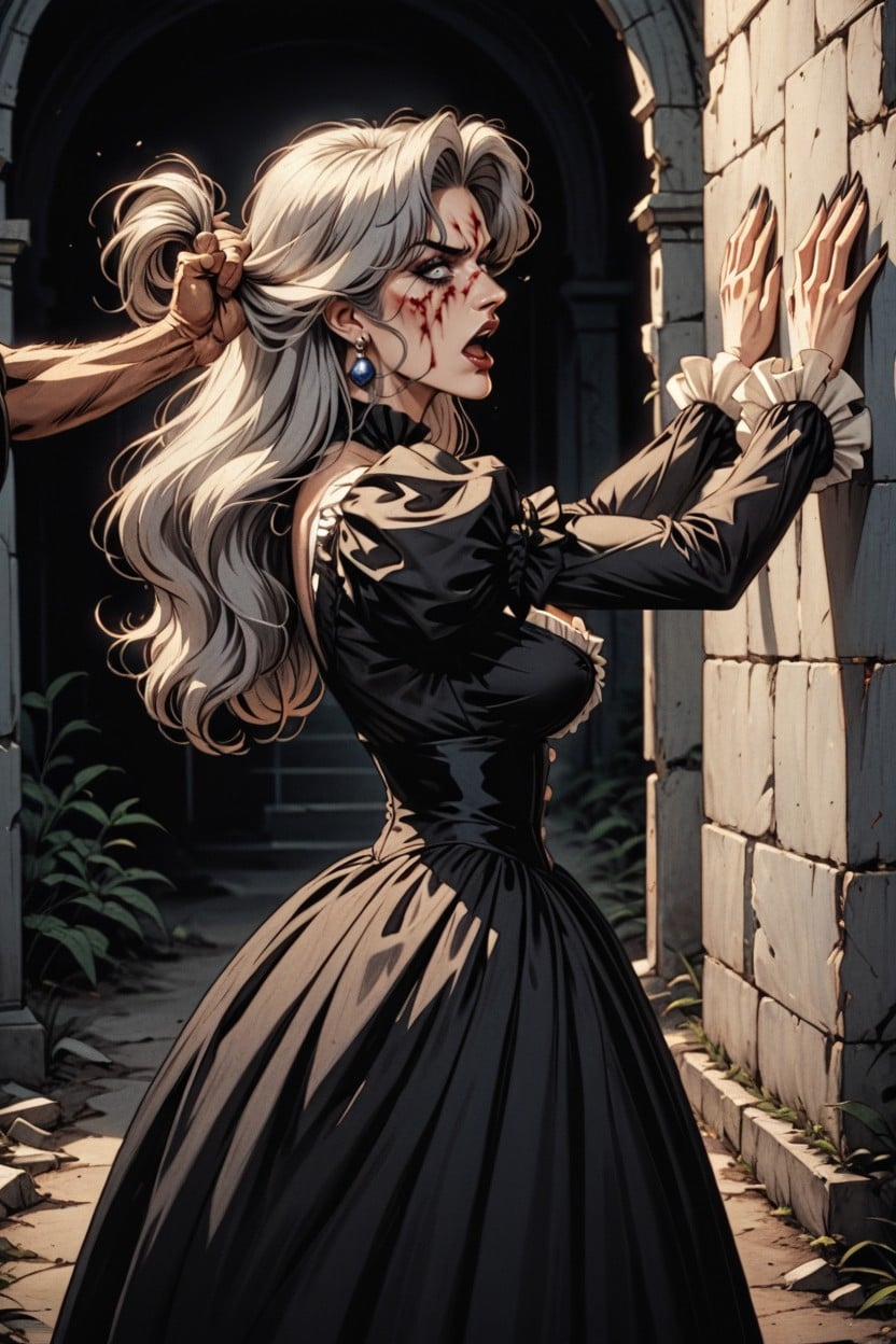 Disgusted, Wearing A Weathered Long Square Neck Early Victorian Era Costume Dress, Hair Pulling AI Porn