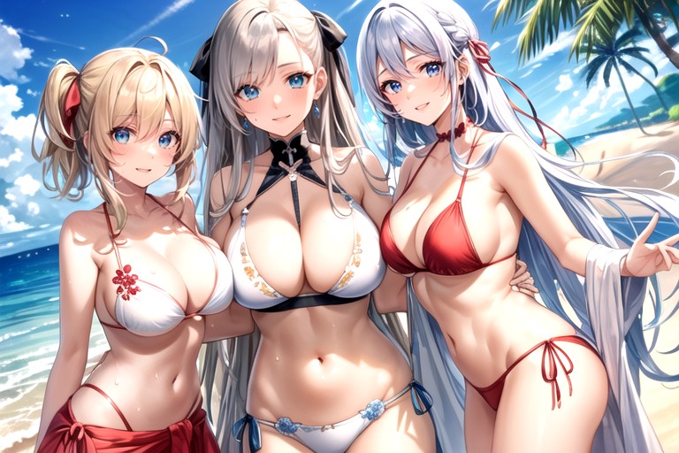 Waist Shot, Woman Green Eyes, Glossy Blonde Long Wavy Hair With Two Side Up And Red Hair Ribbon Hentai AI Porn