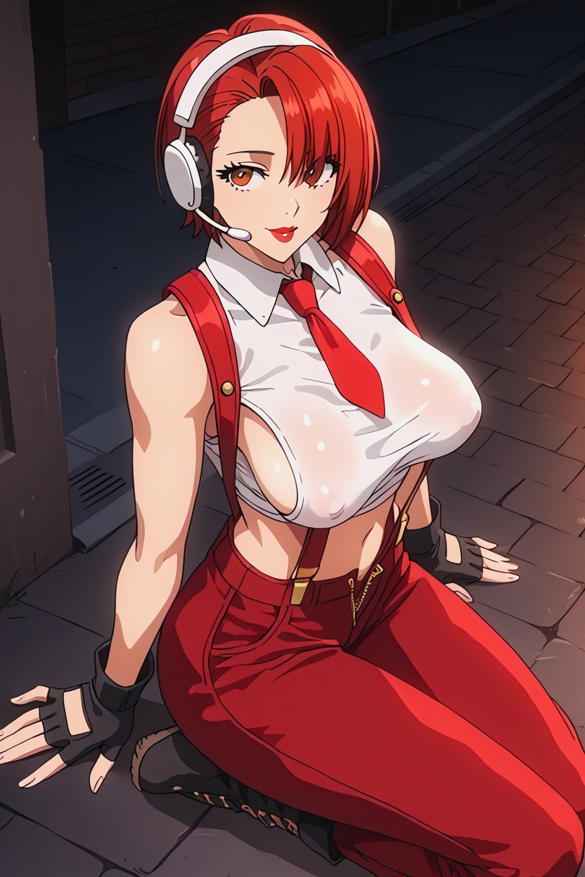 Red Lips, Sidewept Bangs Parted In Middle, Red Necktie AI Porn