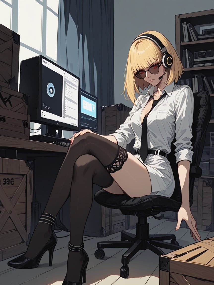 Multiple Monitors Show Images Of Naked Women, Cramped Space, No Windows In Packing Crate AI Porn