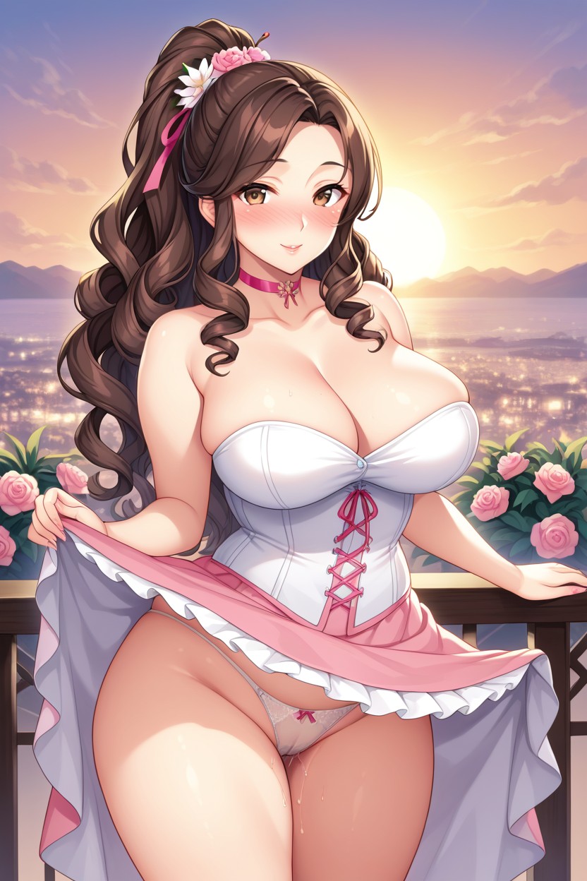 Beautiful Face, Pink An White Corset Skirt, Curly Hair Hentai AI Porn