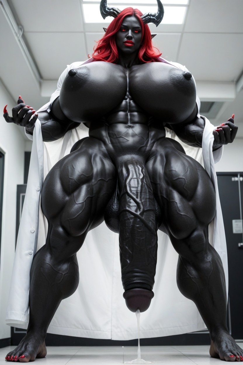 Muscular, Openned Lab Coat, Gigantic Muscle Trapez Shemale AI Porn
